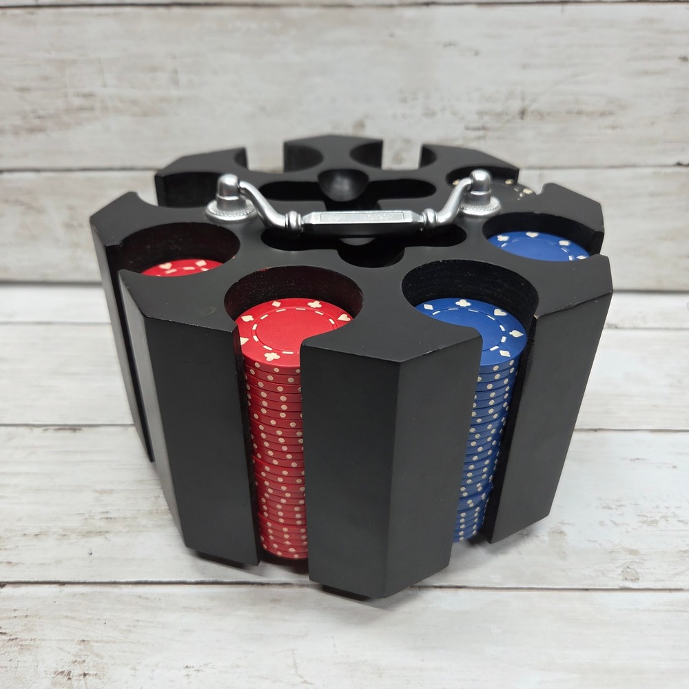 YW NO:937 Poker Chip Carousel Rotating Wood Organizer Set Black Metal Handle
